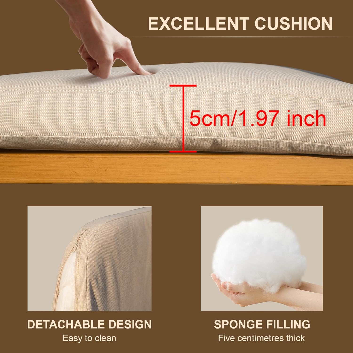Thick beige cushion with a hand pressing down to show cm depth