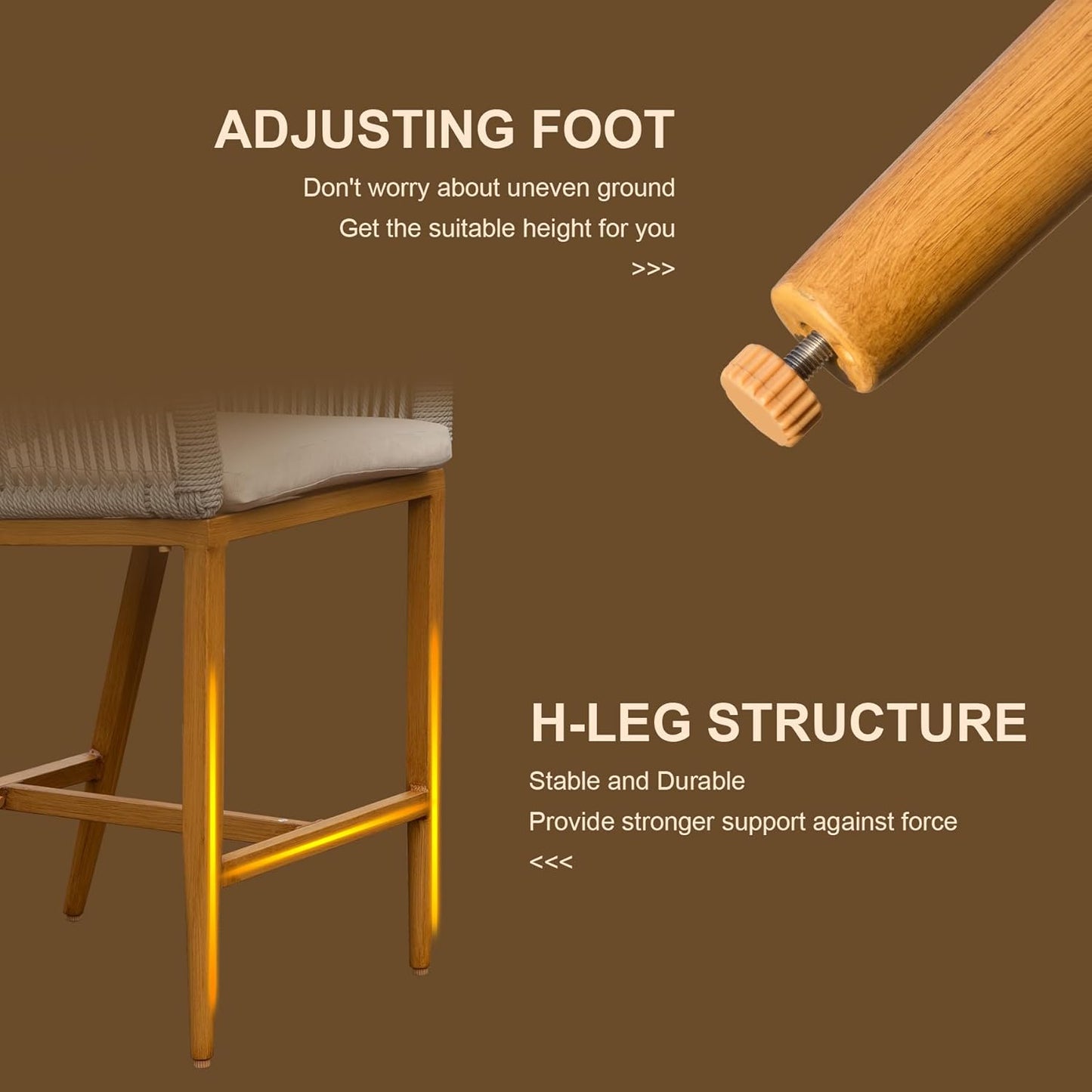 Closeup of an adjustable foot on a wooden stool leg perfect for outdoor furniture