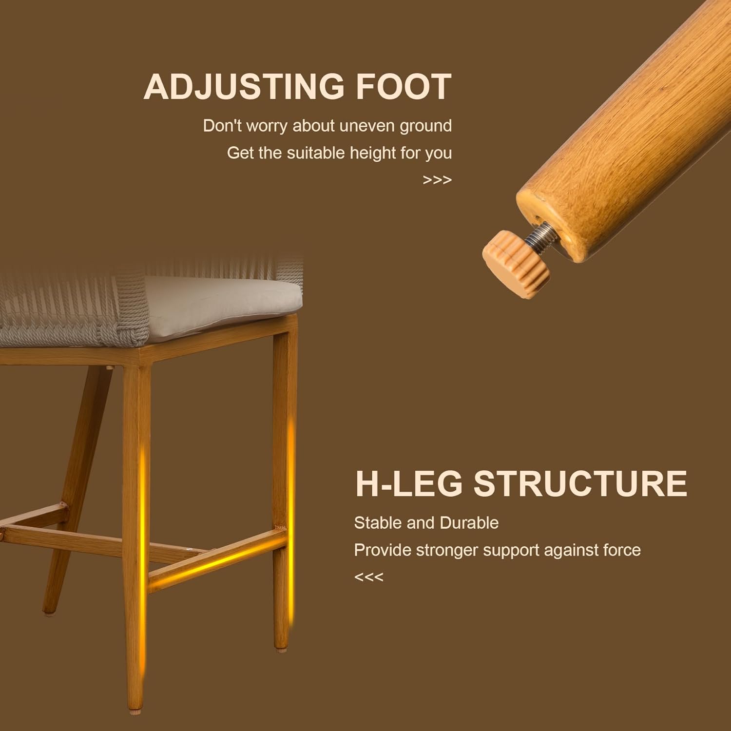 Closeup of an adjustable foot on a wooden stool leg perfect for outdoor furniture