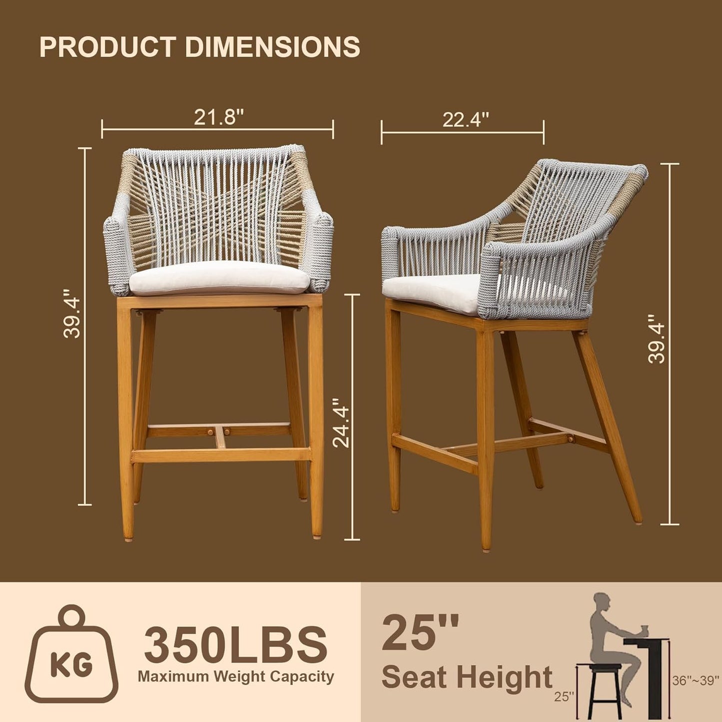 Woven rope bar stool with wooden frame and white cushion  height