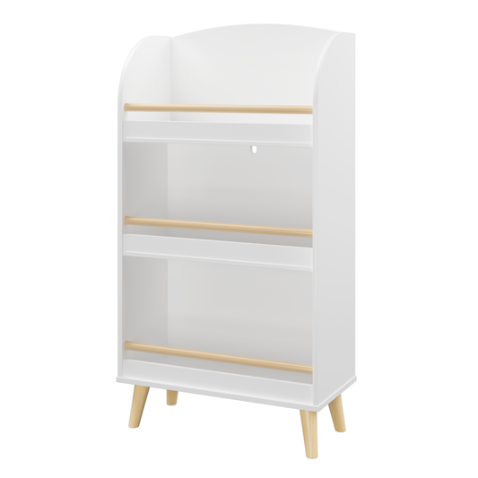 White modern bookshelf with three tiers and wooden dowels for book display