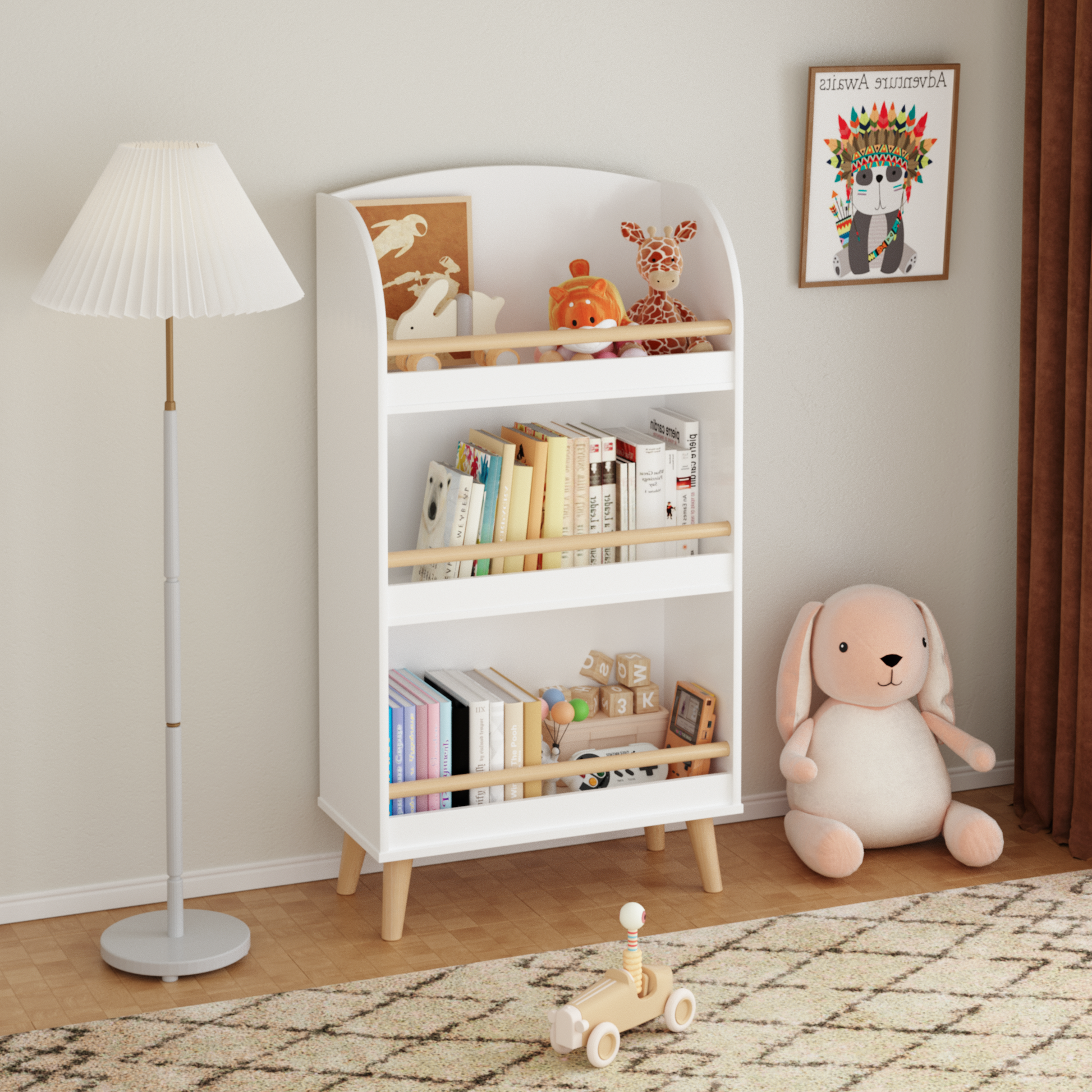 White tiered bookshelf with wooden dowels perfect for childrens books and toys