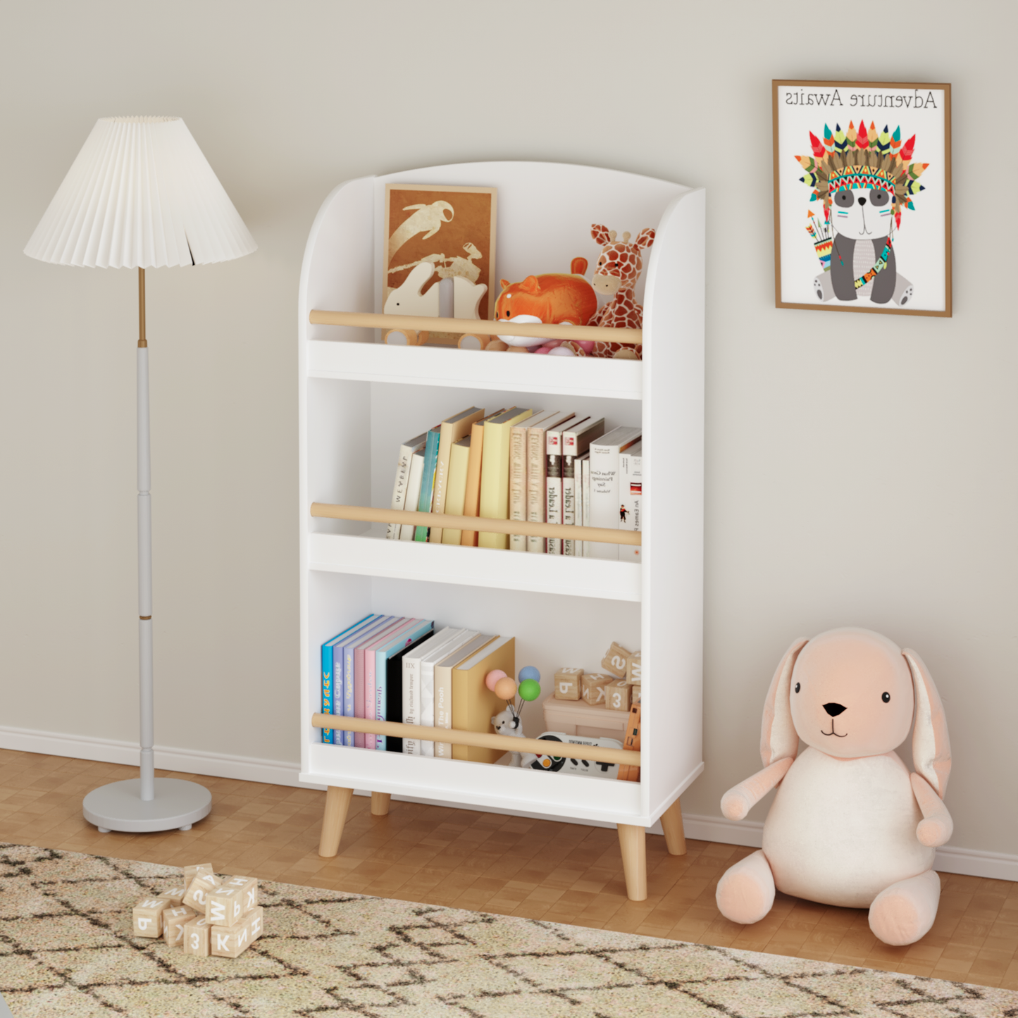 White wooden childrens bookshelf with natural wood accents and playful toys