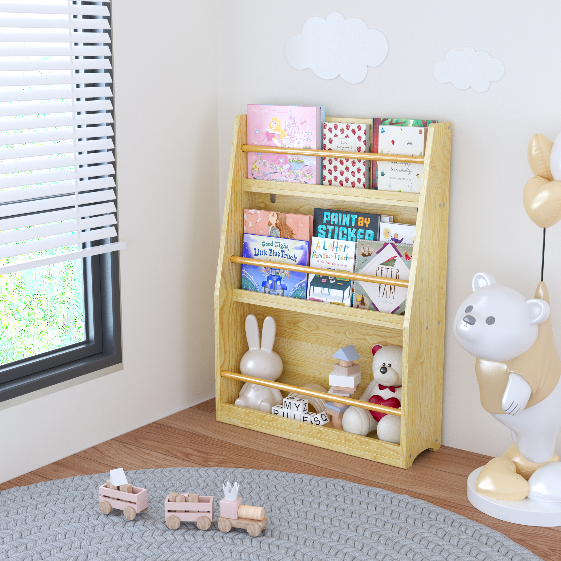 Natural wood childrens bookshelf with various colorful books and toys displayed