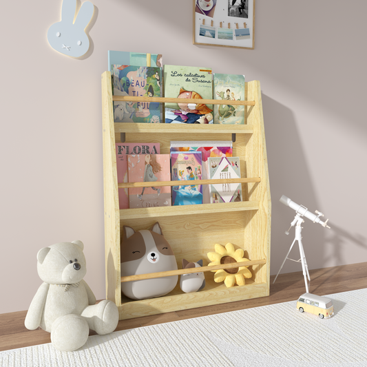 Light wood bookshelf holding colorful childrens books and stuffed animals perfect for a nursery