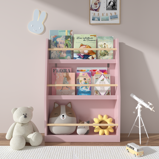Pink wooden bookshelf holding childrens books toys and a telescope