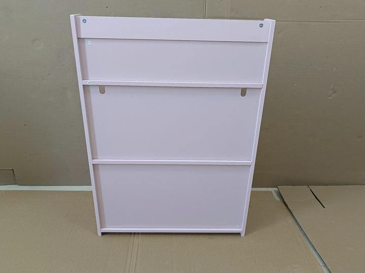 Light pink metal wall organizer with three tiers and two hanging holes