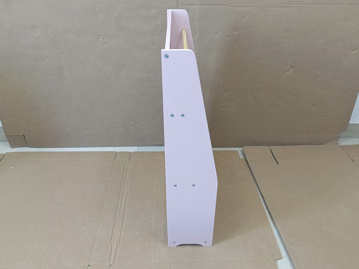 Pale pink wooden toy organizer side view with natural wood handle detail