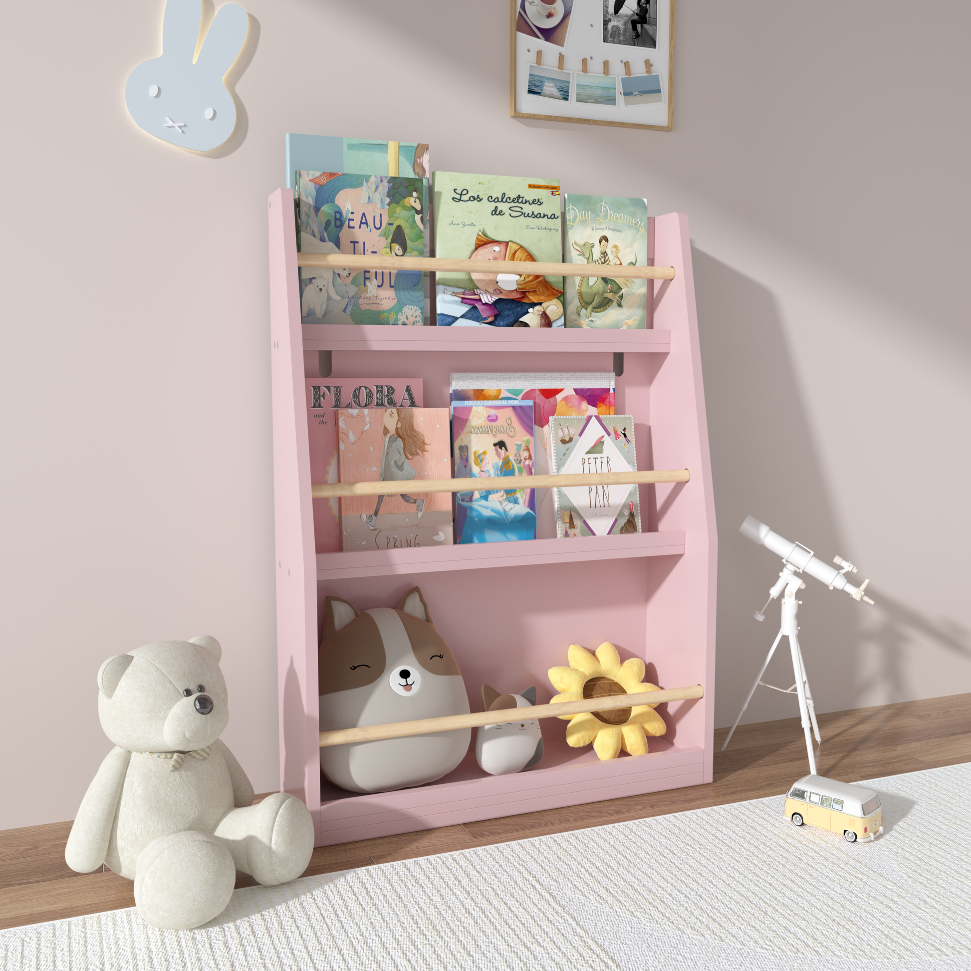 Pink threetier wooden bookshelf for kids books and toys