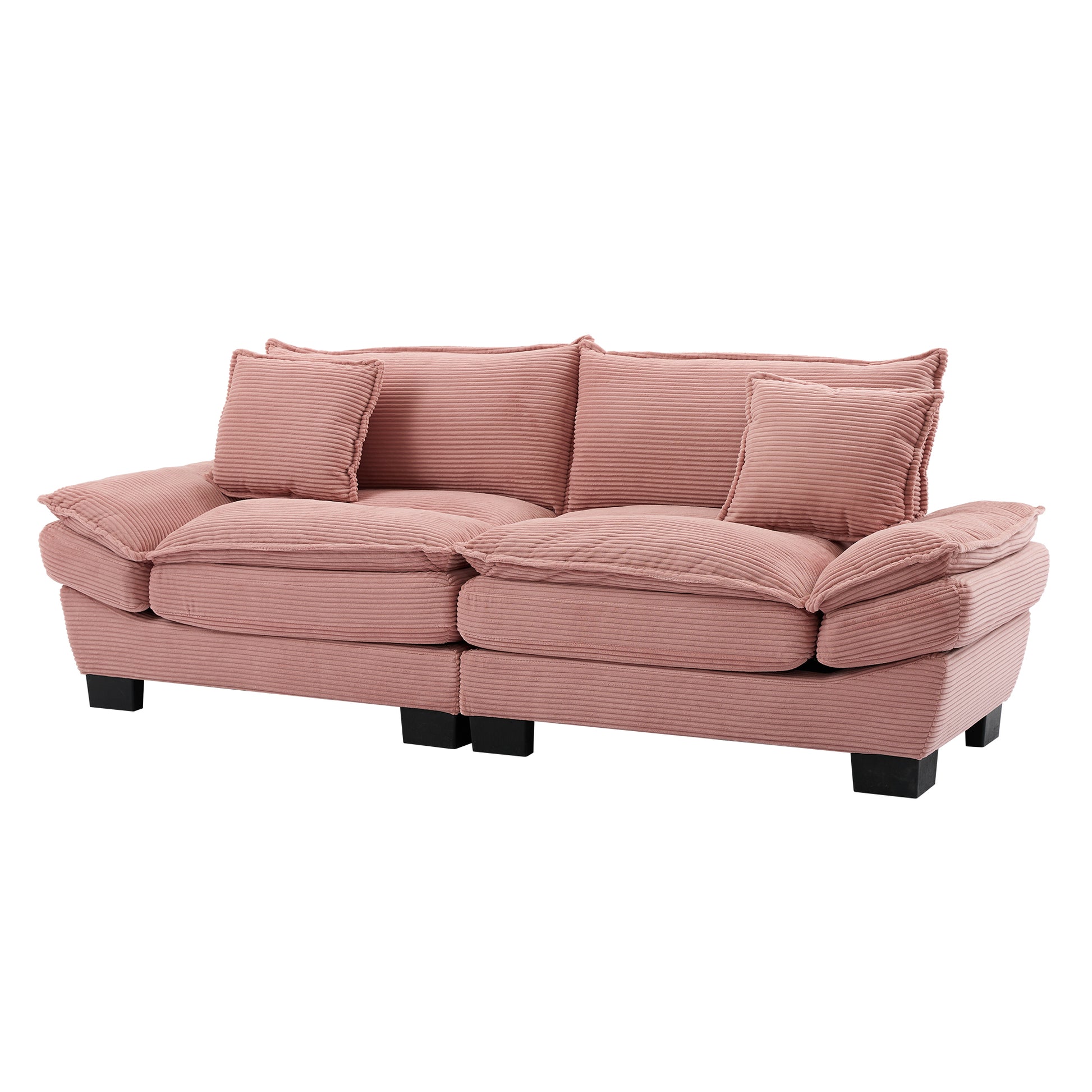 Dusty rose corduroy sofa with plush cushions and modern black legs perfect for a cozy living room