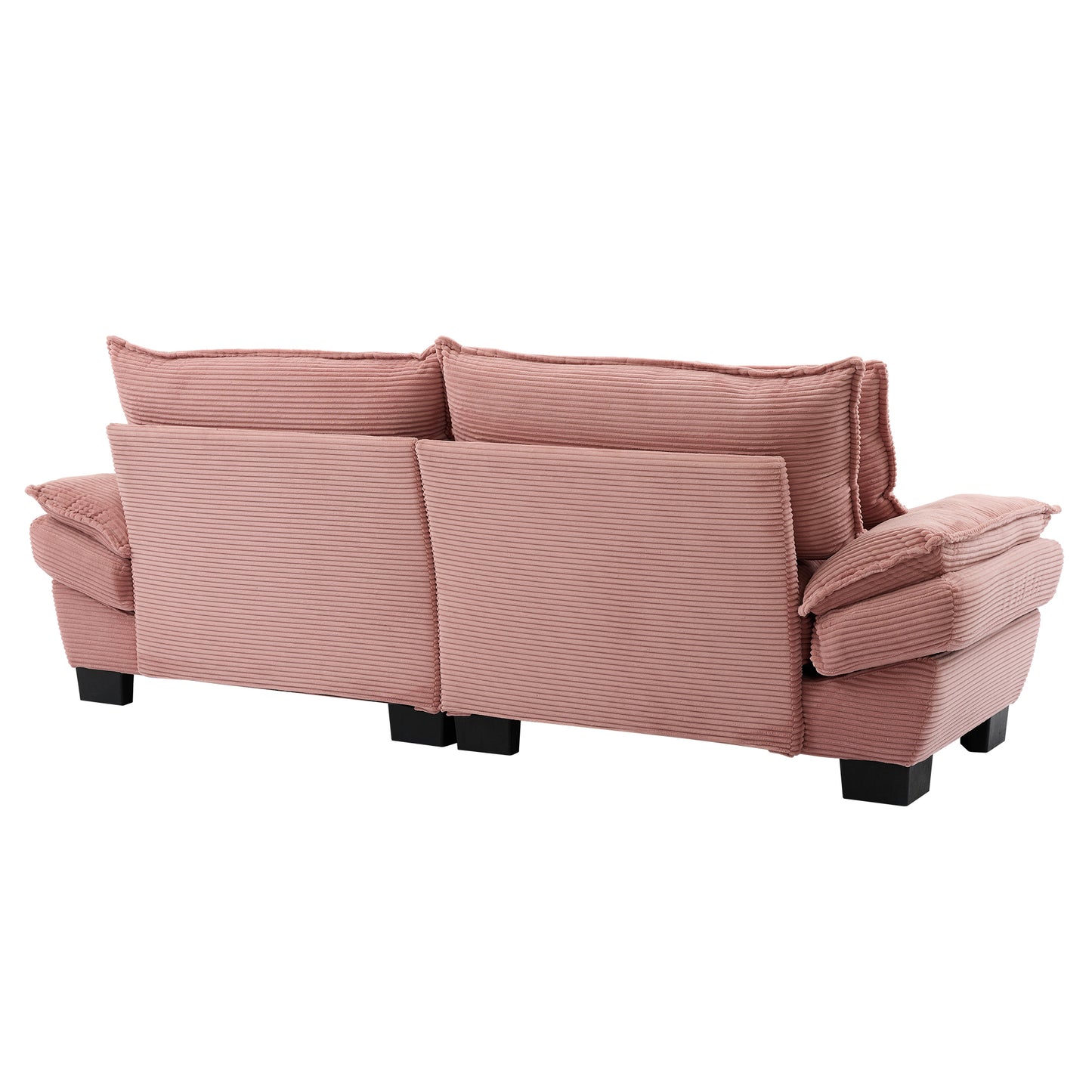 Dusty rose corduroy sofa with plush cushions view from the back
