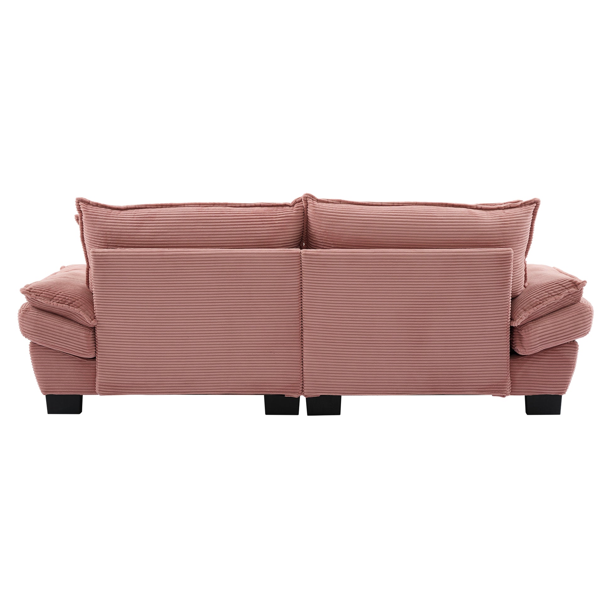 Dusty rose corduroy sofa with plush cushions and black legs seater