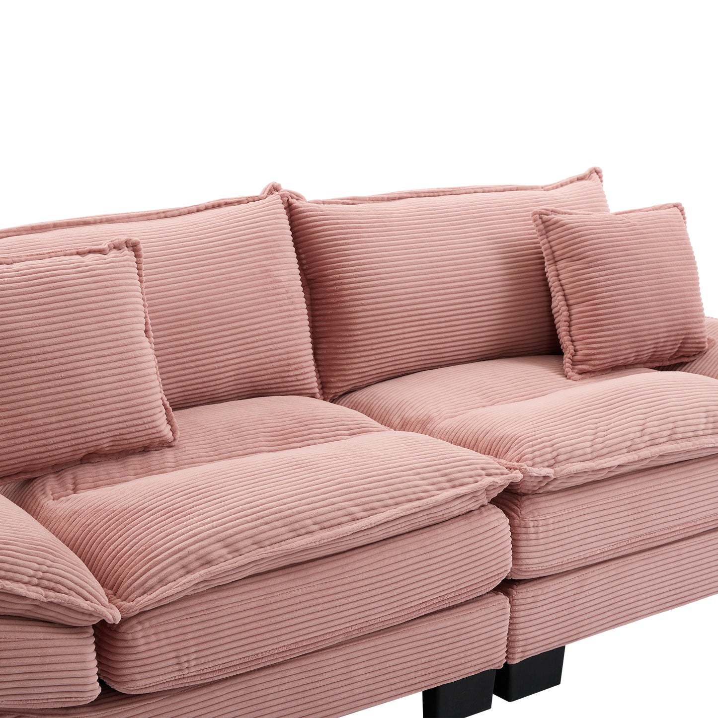 Plush pink corduroy sectional sofa with comfortable cushions and modern black legs