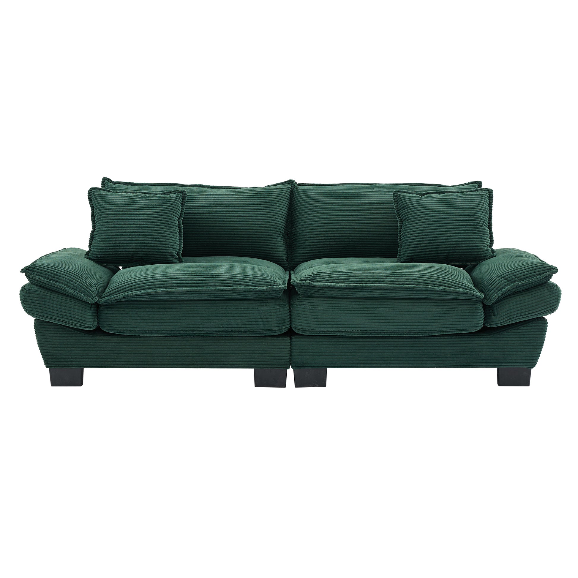 Deep green corduroy sofa with plush cushions and modern black legs