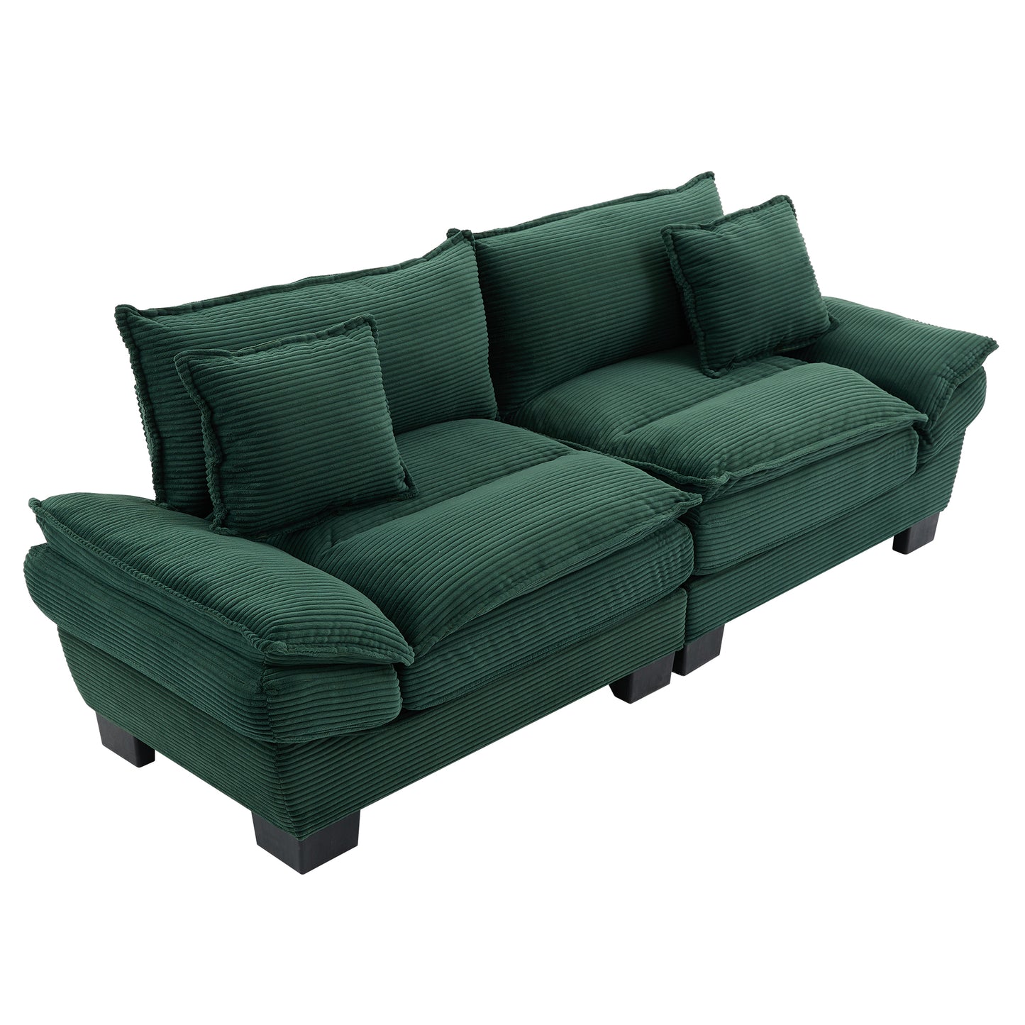 Plush green corduroy sofa with deep seats and accent pillows perfect for a cozy living room