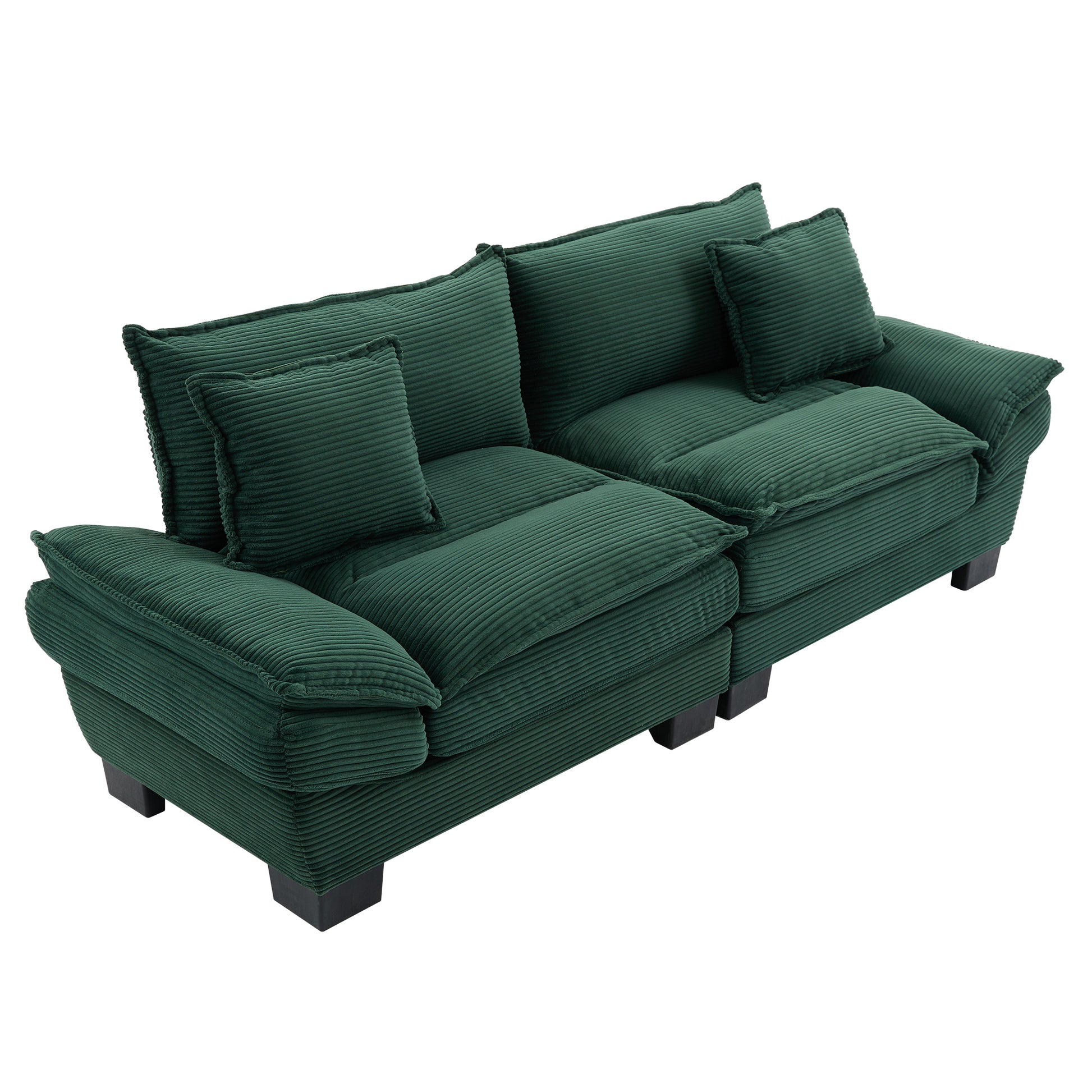 Plush green corduroy sofa with deep seats and accent pillows perfect for a cozy living room