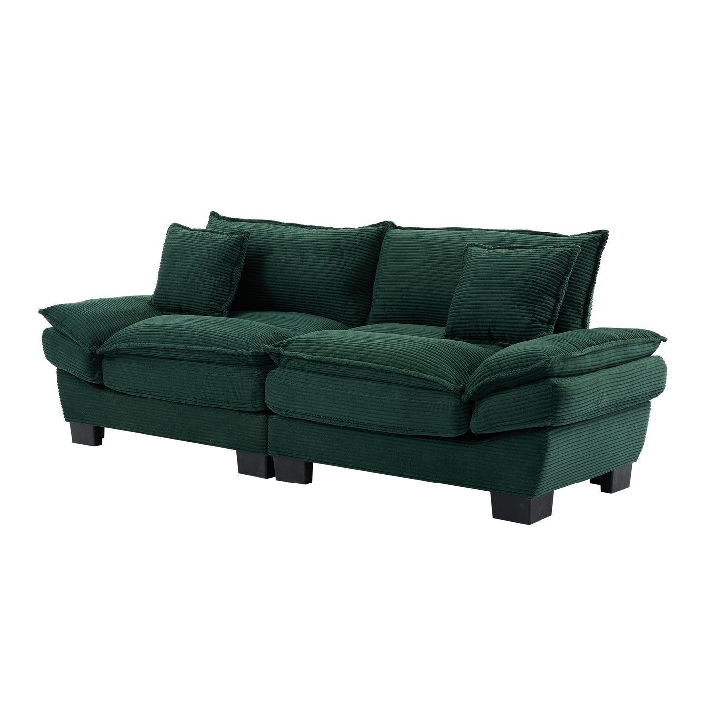Deep green corduroy sofa with plush cushions and square black legs