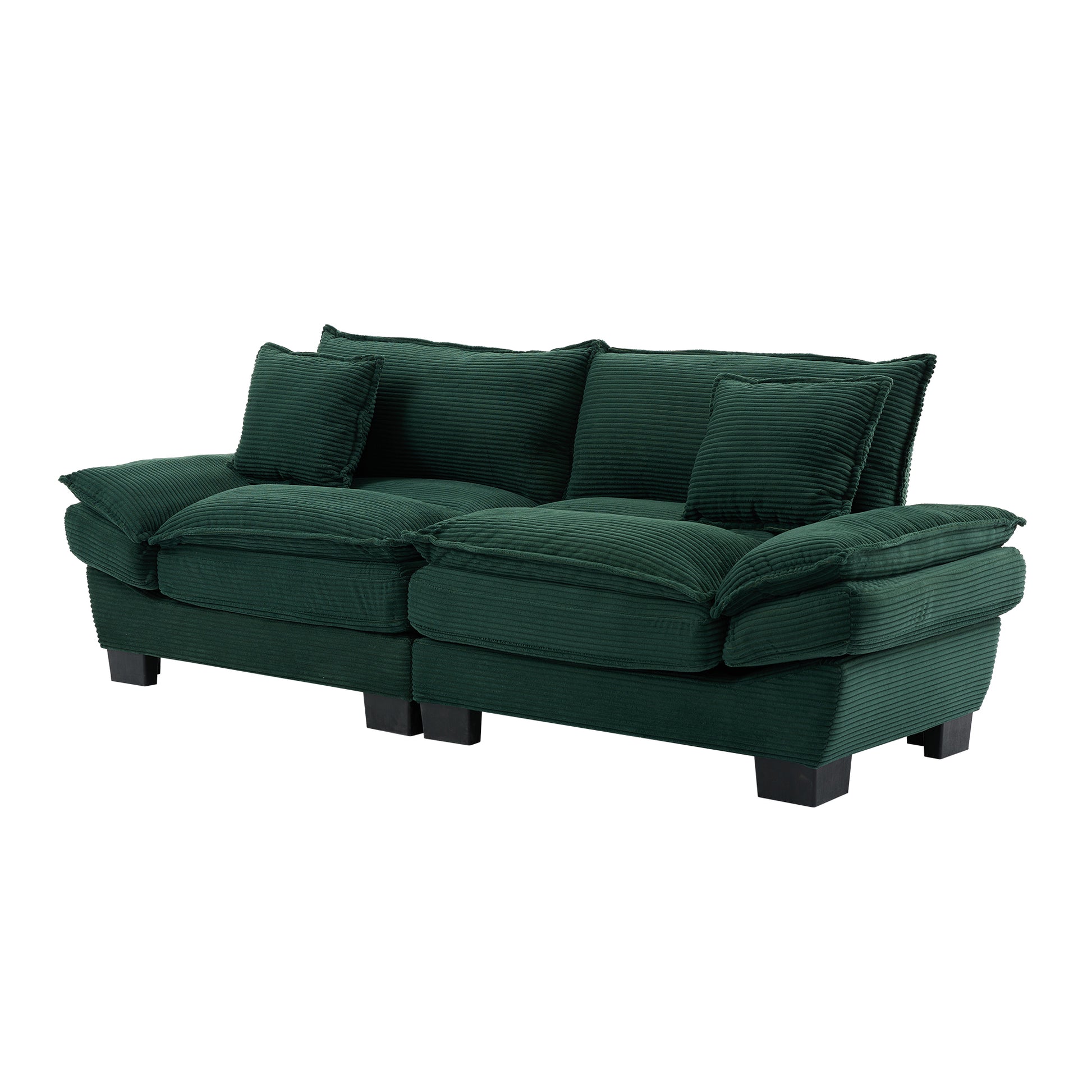 Deep green corduroy sofa with plush cushions and square black legs
