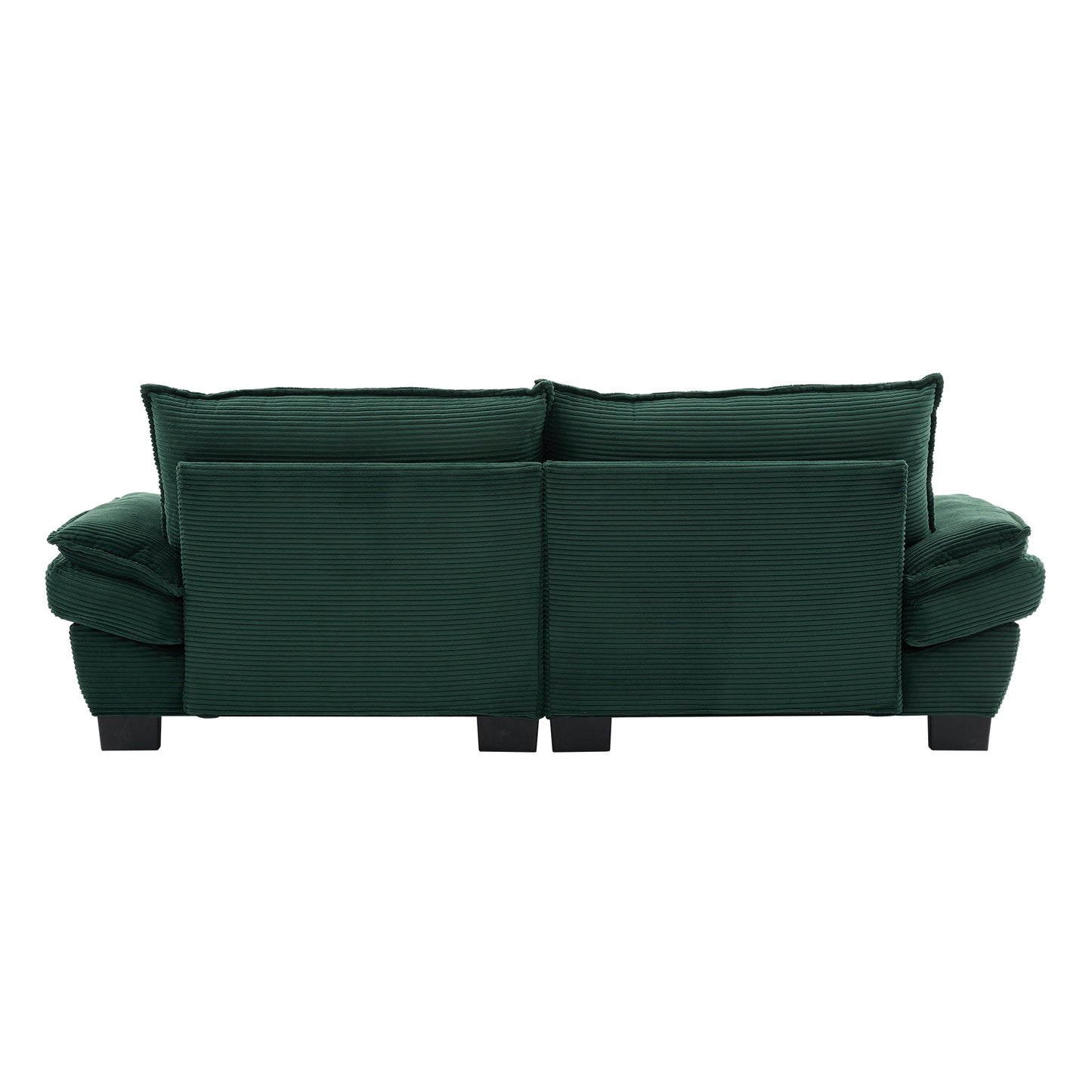Deep emerald corduroy sofa with plush channeltufted cushions and dark modern legs