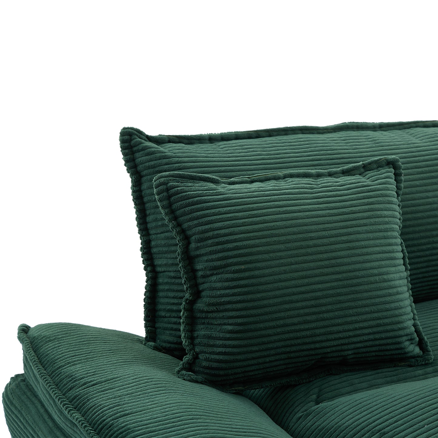 Deep green corduroy sofa accent pillows with plush texture and piped edges