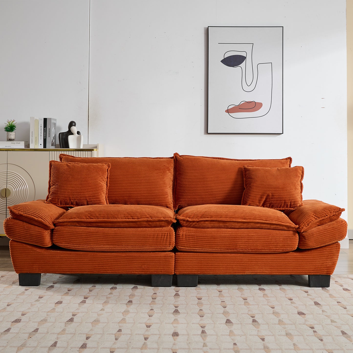 Orange corduroy sofa with plush seat and back cushions modern living room furniture