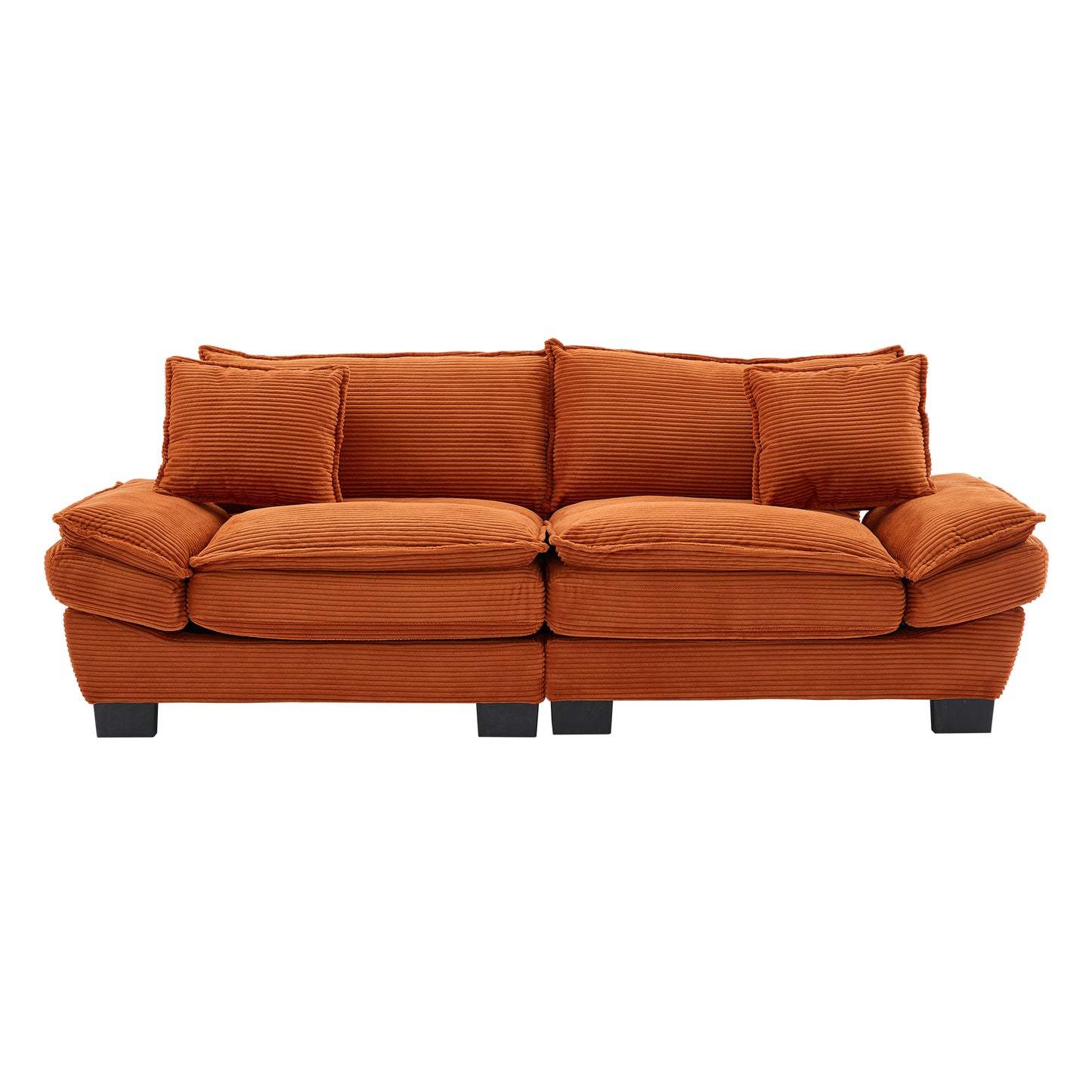 Orange corduroy sofa with plush cushions and black block feet perfect for a cozy living room setup