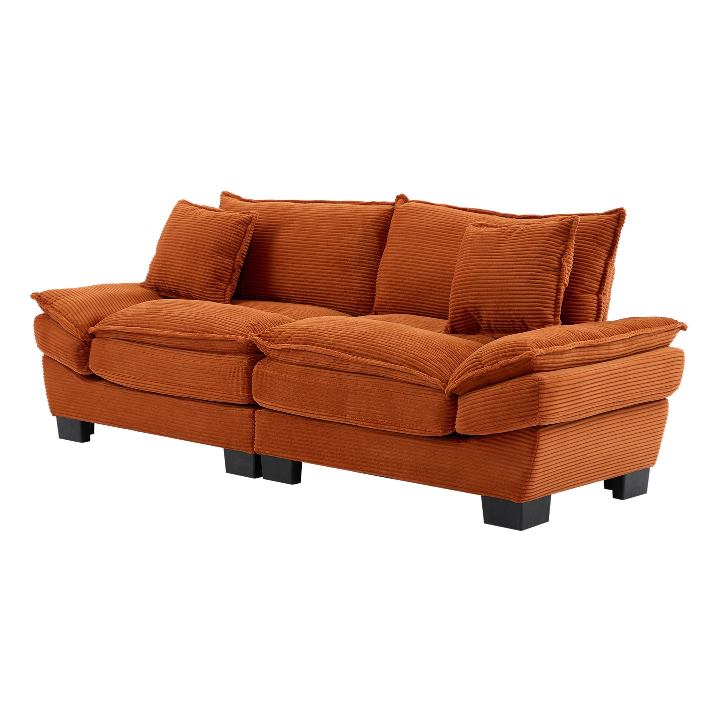 Orange corduroy sectional sofa with plush cushions and black block feet