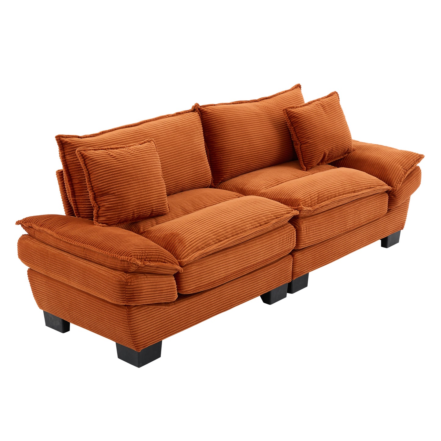Orange corduroy sectional sofa with plush cushions and modern black legs