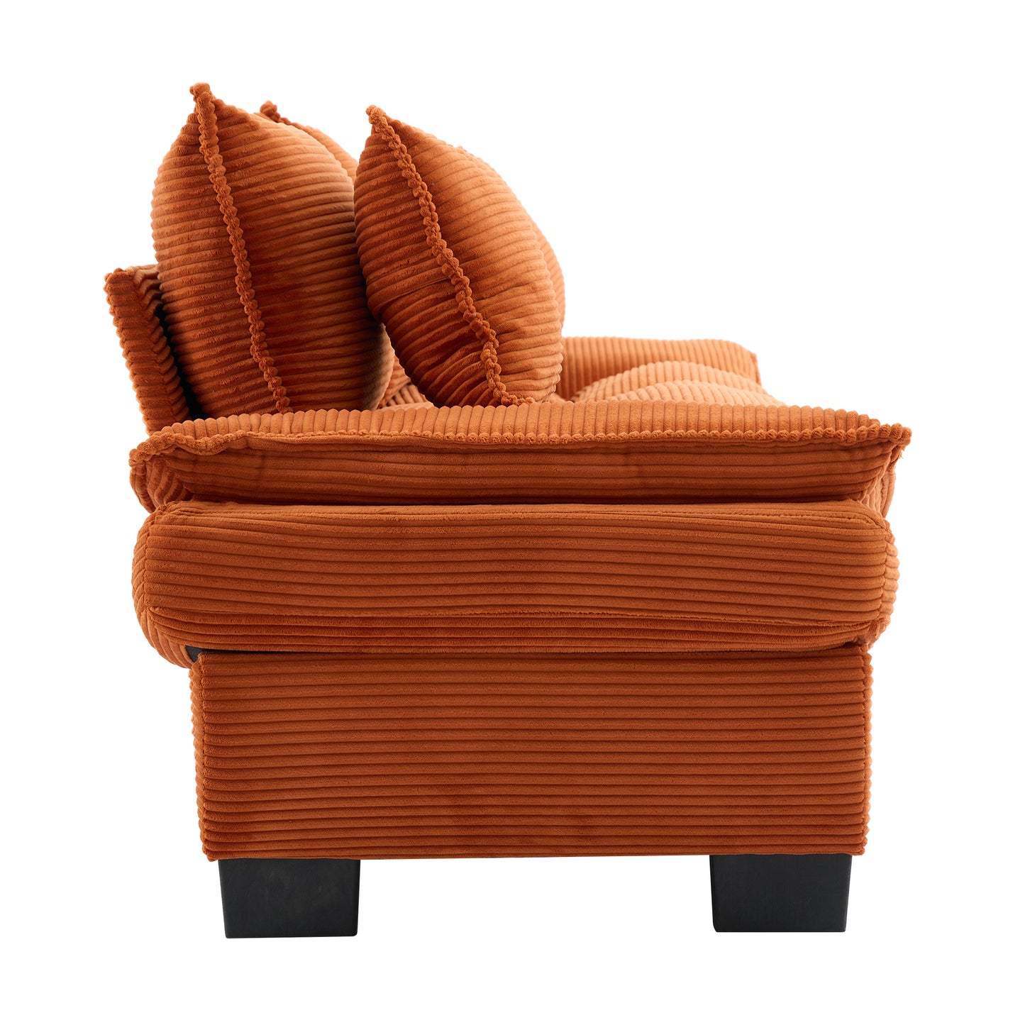 Orange corduroy armchair with plush cushions perfect for cozy living spaces