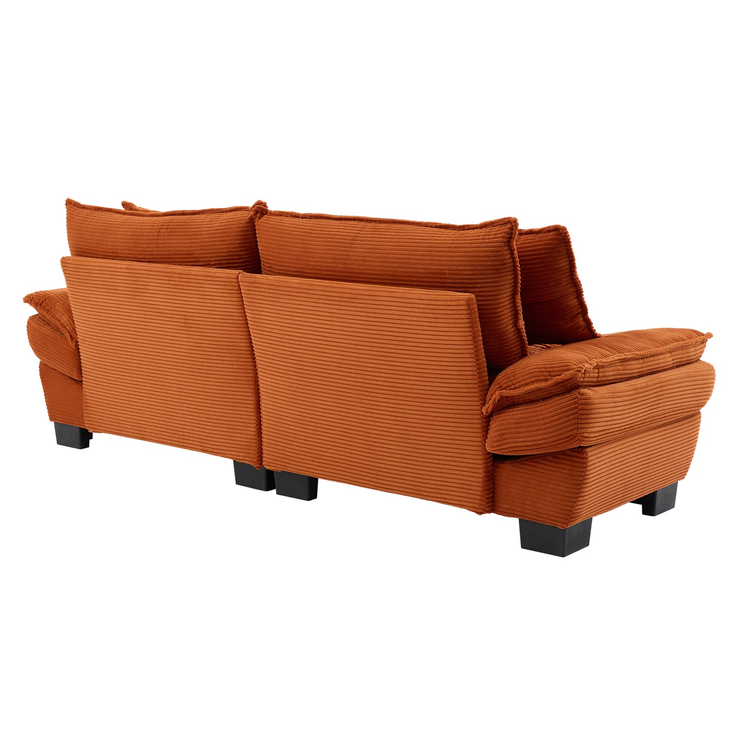 Orange corduroy sofa with plush cushions and black wooden legs