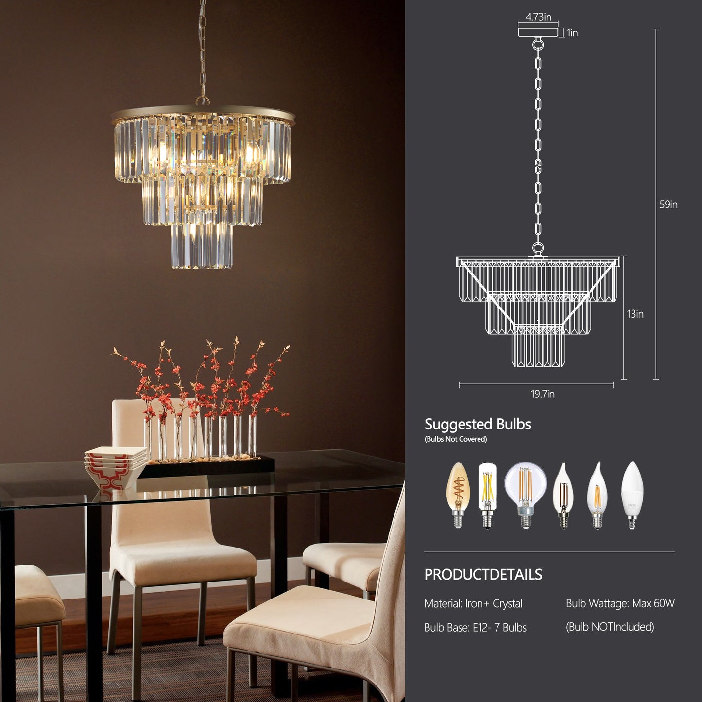Modern tiered crystal chandelier with brass finish ideal for dining room lighting