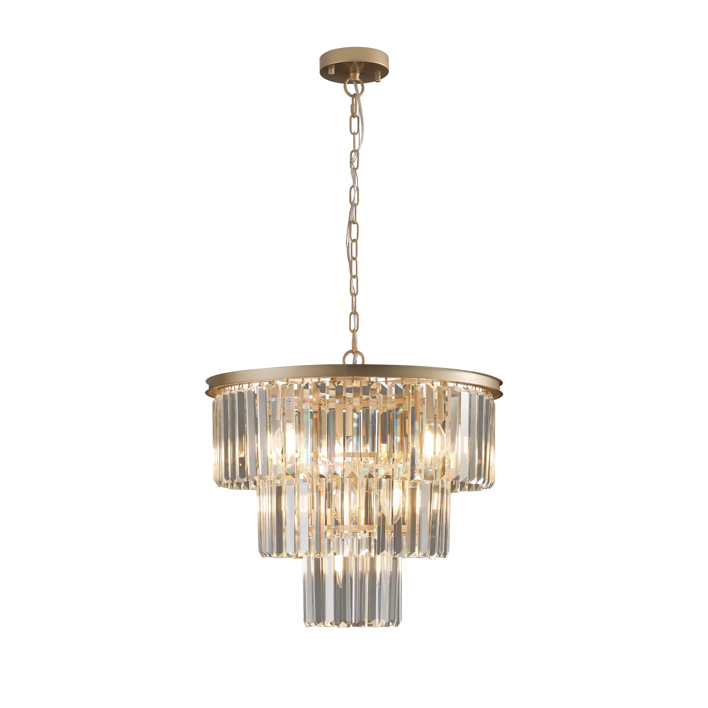 Gold tiered crystal chandelier with clear glass prisms and warm LED bulbs