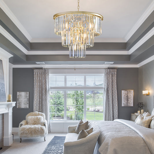 Tiered crystal chandelier with gold finish modern elegance for bedroom lighting