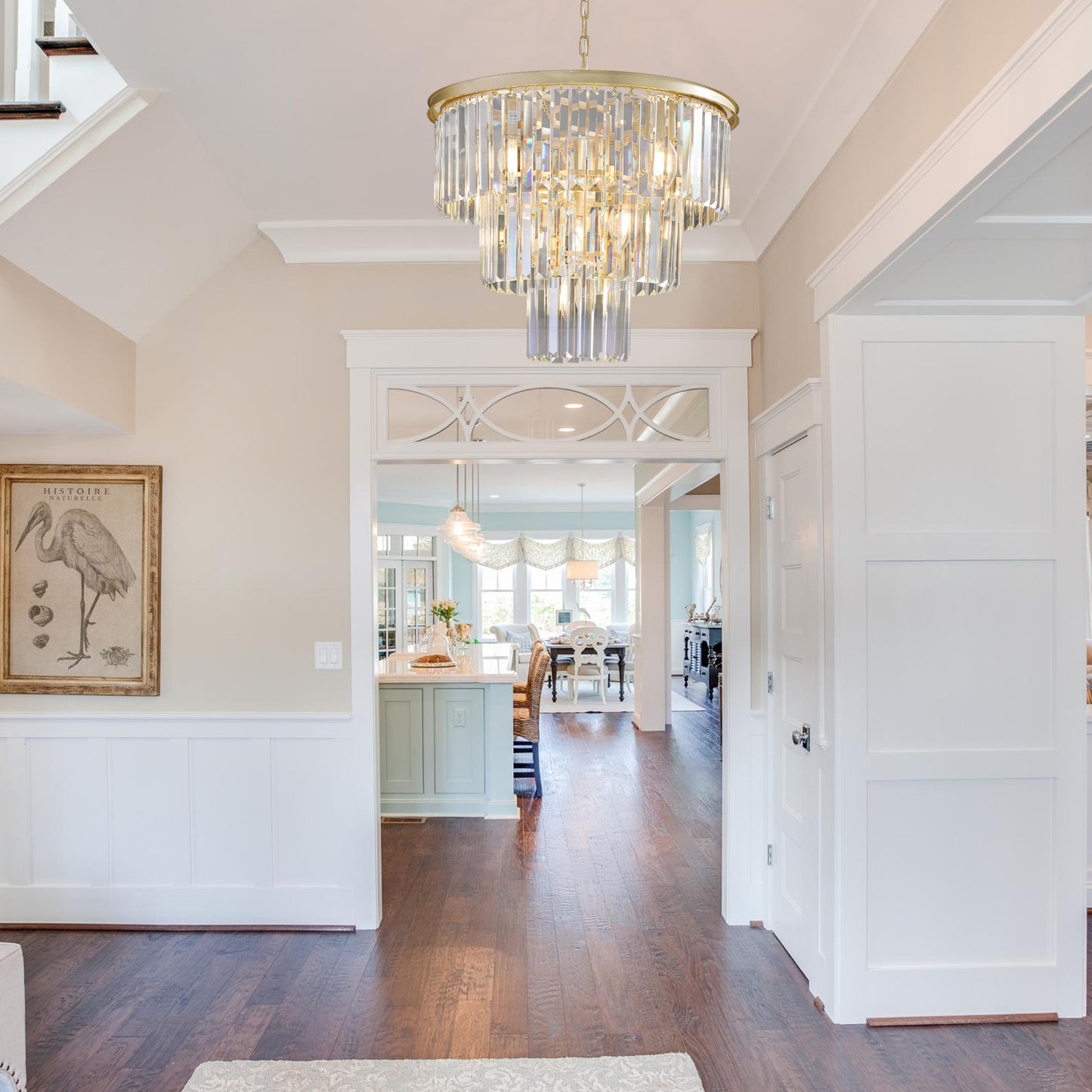 Elegant tiered crystal chandelier with gold finish perfect for dining rooms