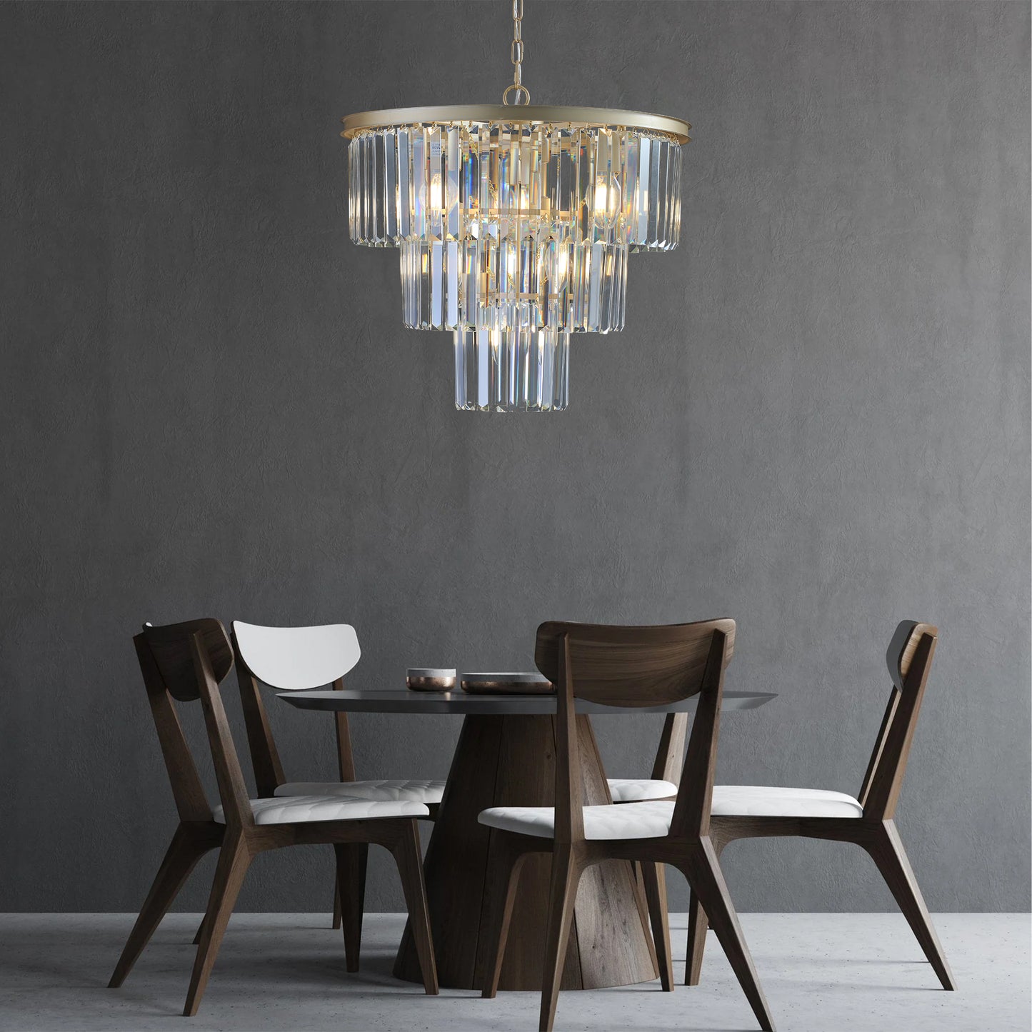 Elegant gold tiered chandelier with crystal prisms perfect for dining rooms