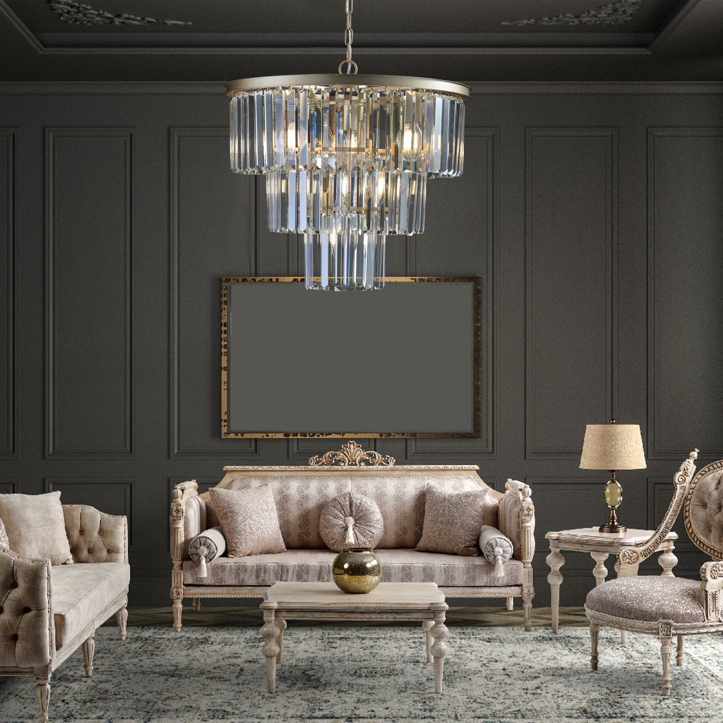 Twotier crystal chandelier with golden accents illuminating a luxurious living room