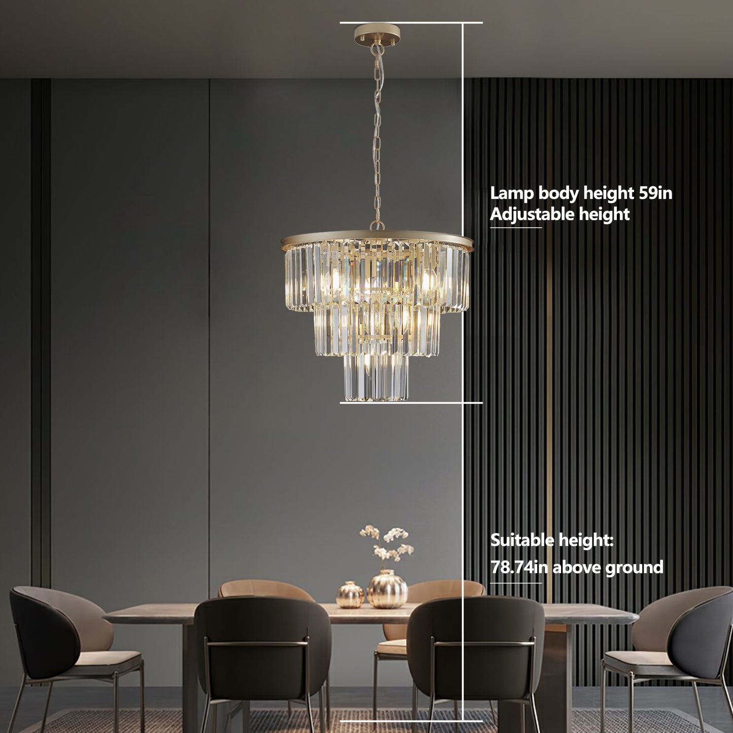 Modern tiered crystal chandelier with gold frame adjustable height