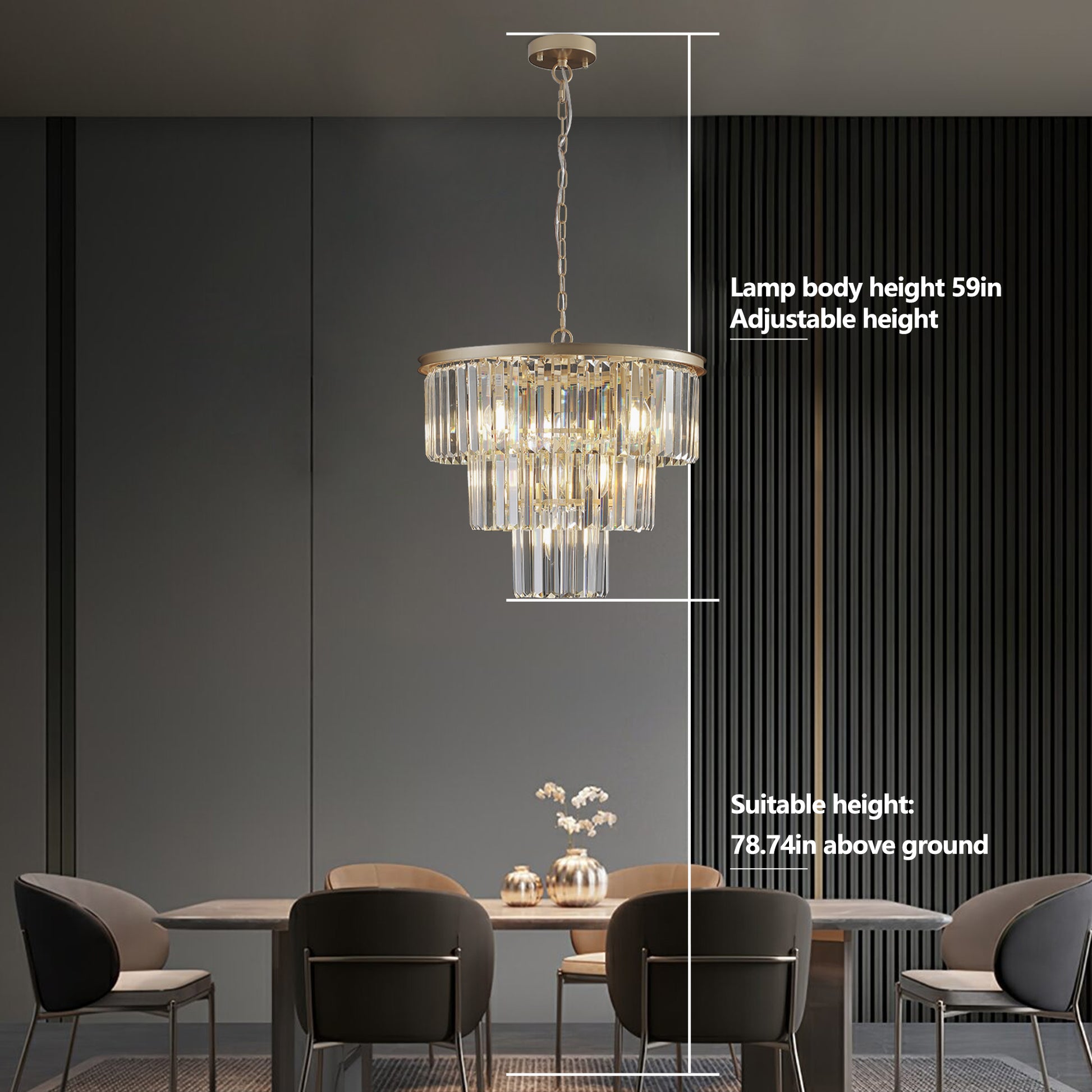 Modern tiered crystal chandelier with gold frame adjustable height