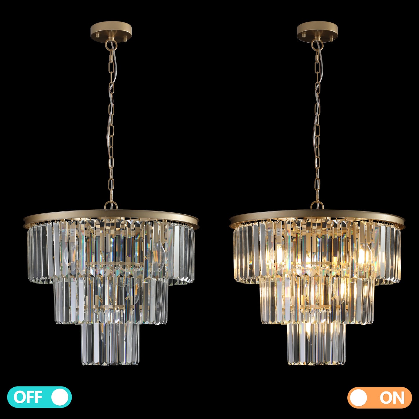 Brushed gold tiered chandelier with crystal prism accents illuminating a modern dining room