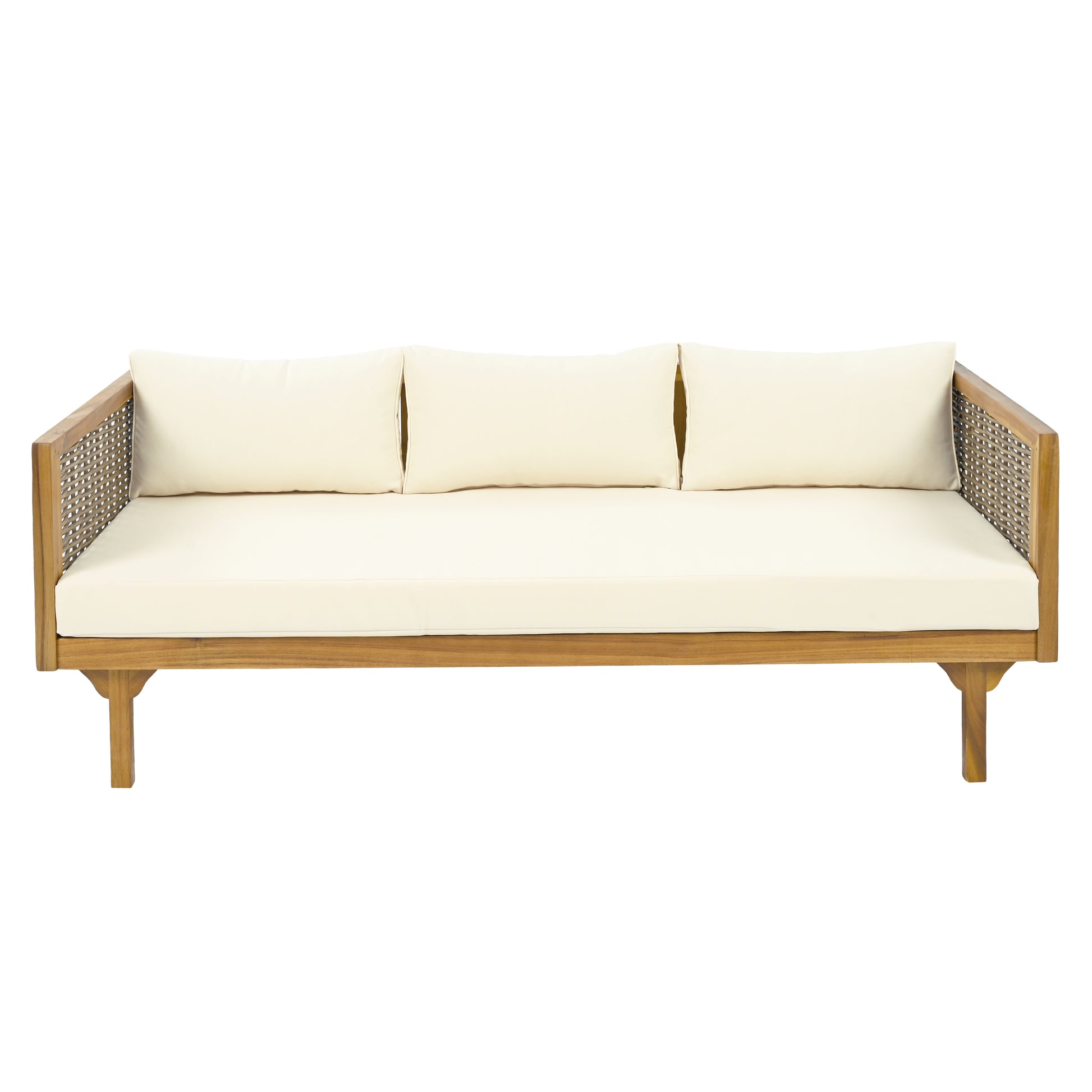 Natural wood outdoor daybed with cream cushions and woven sides for patio relaxation