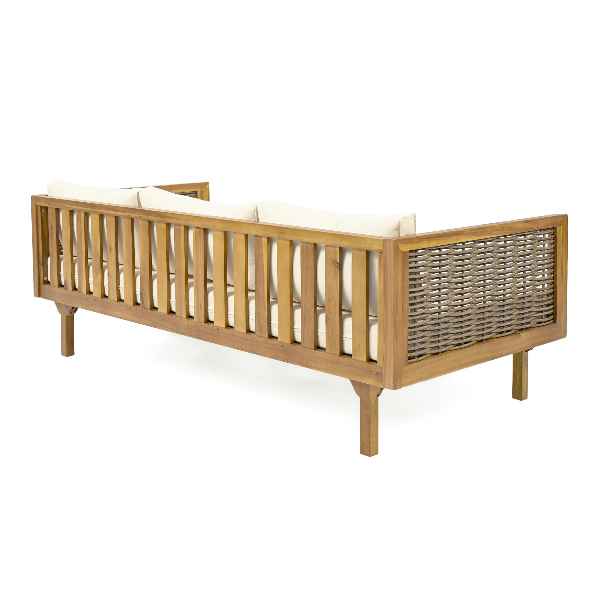 Wooden outdoor sofa with slatted back and woven panel cream cushions