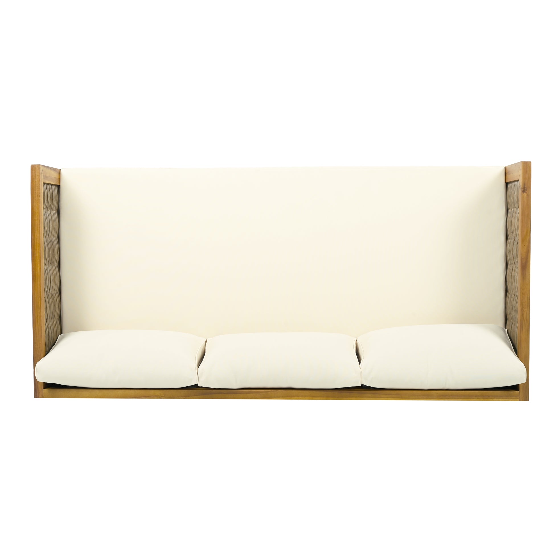 Luxurious beige velvet sofa with dark wood frame and intricate woven side panels perfect for a modern living room
