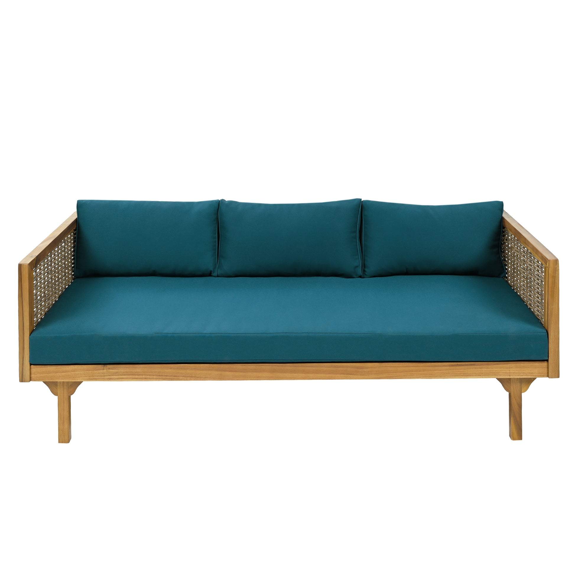Teak wood outdoor sofa with woven sides and deep teal cushions perfect for patios