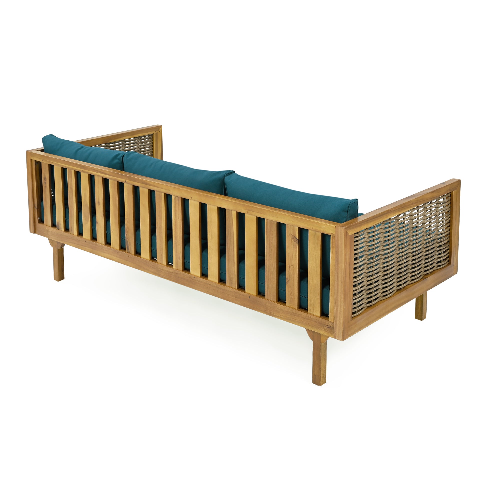 Acacia wood daybed with woven rattan sides and deep teal cushions
