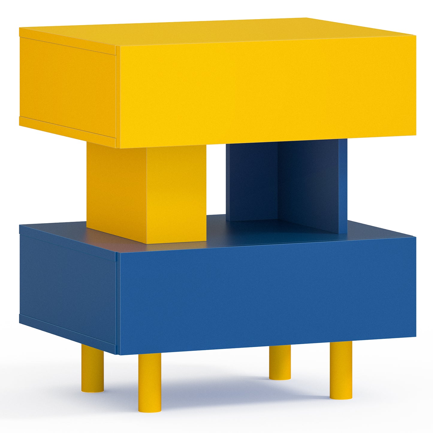 Modern yellow and blue bedside table with open shelving