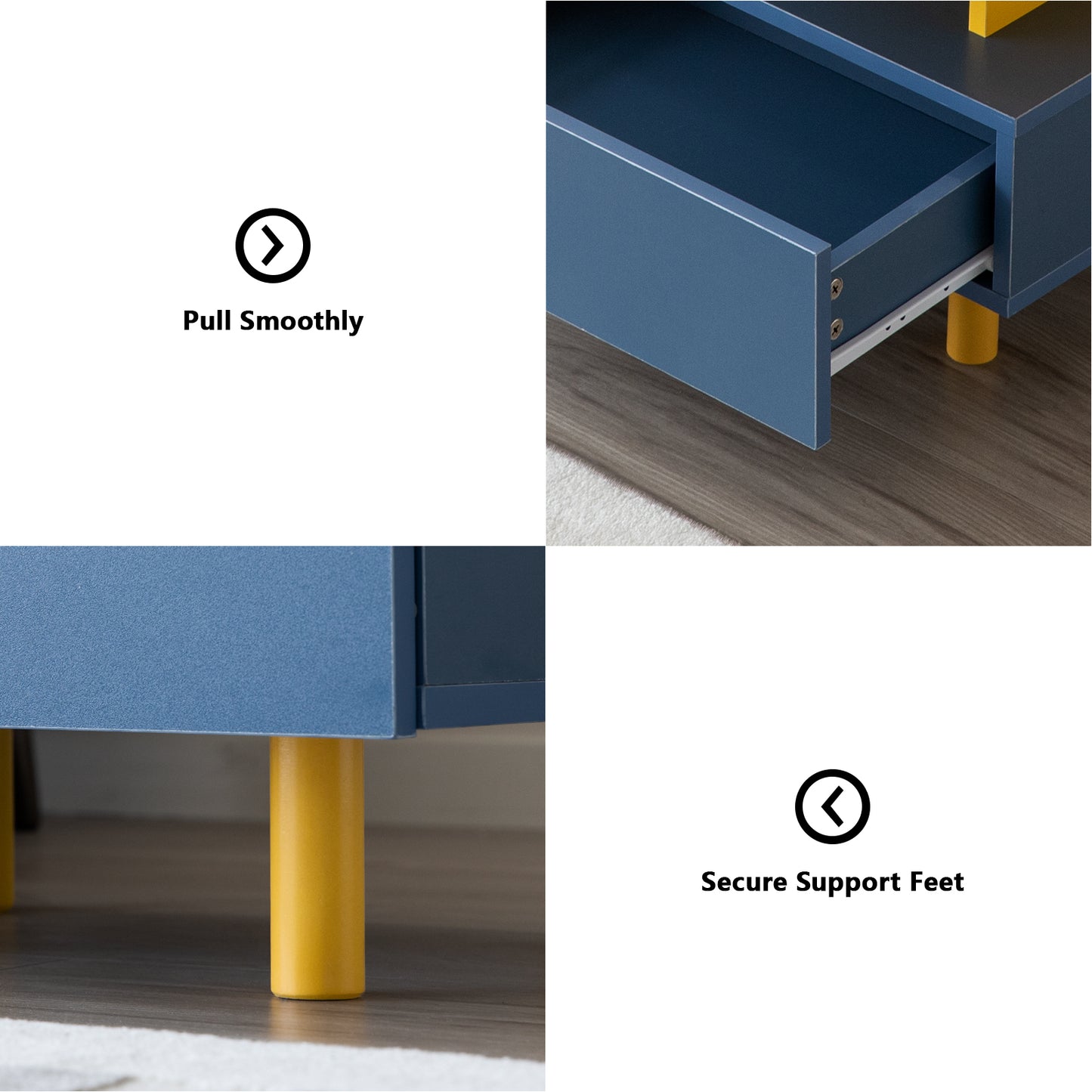 Blue dresser drawer slides smoothly
