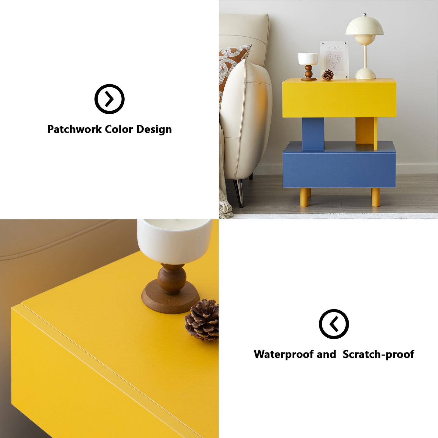 Yellow and blue patchwork bedside table with modern design