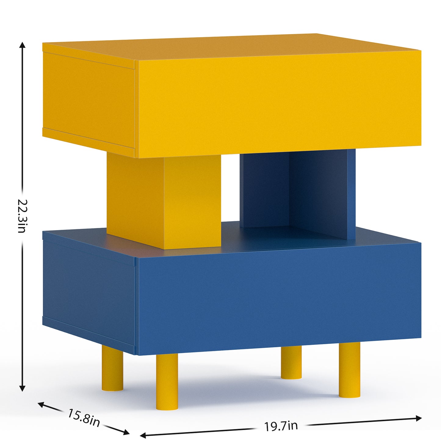 Modern blue and yellow storage cabinet with geometric design