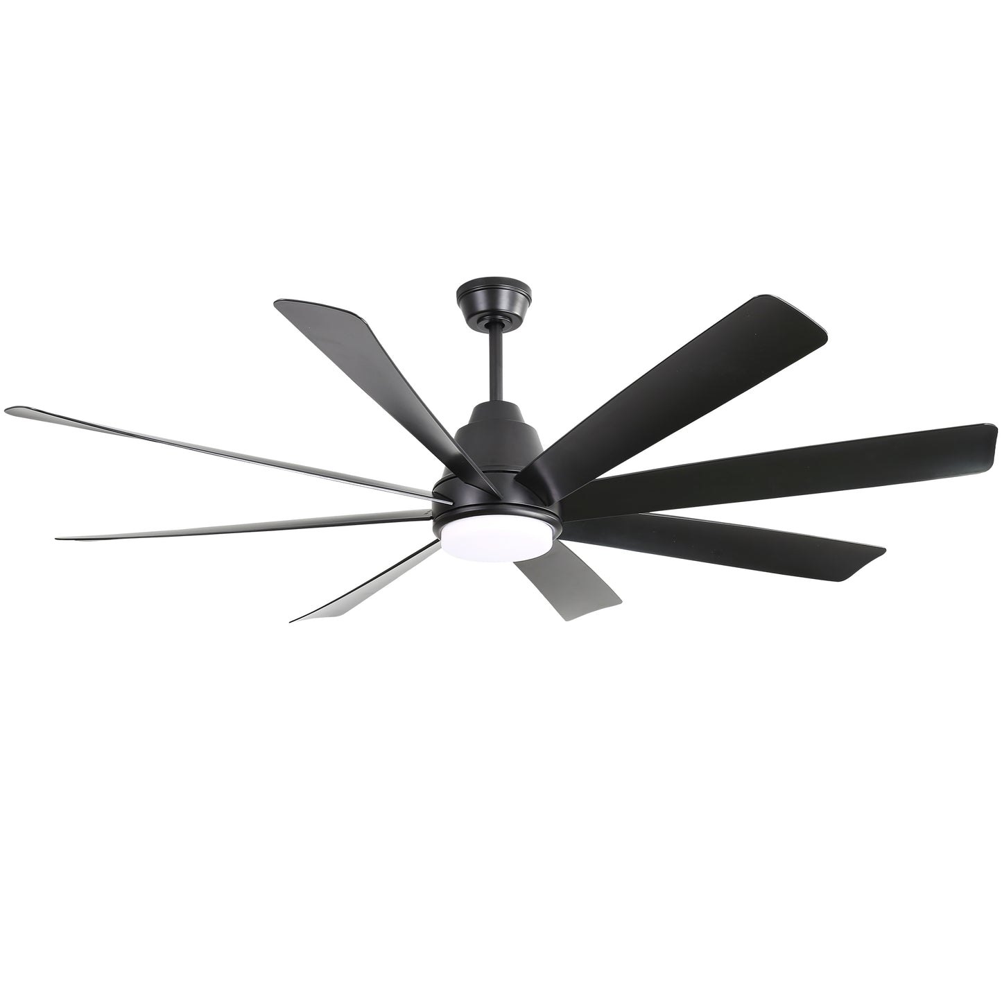 Black modern ceiling fan with eight blades and integrated LED light