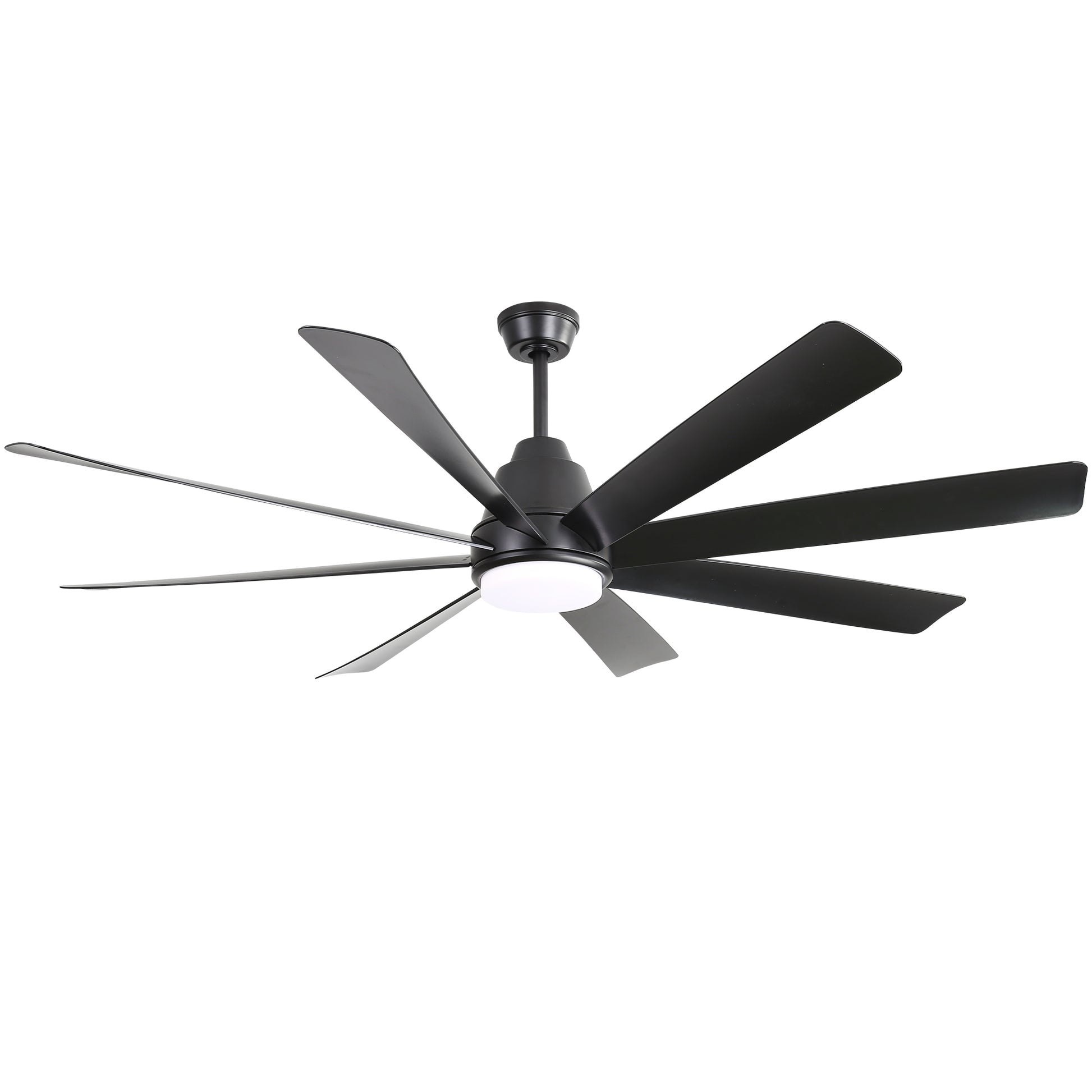 Black modern ceiling fan with eight blades and integrated LED light